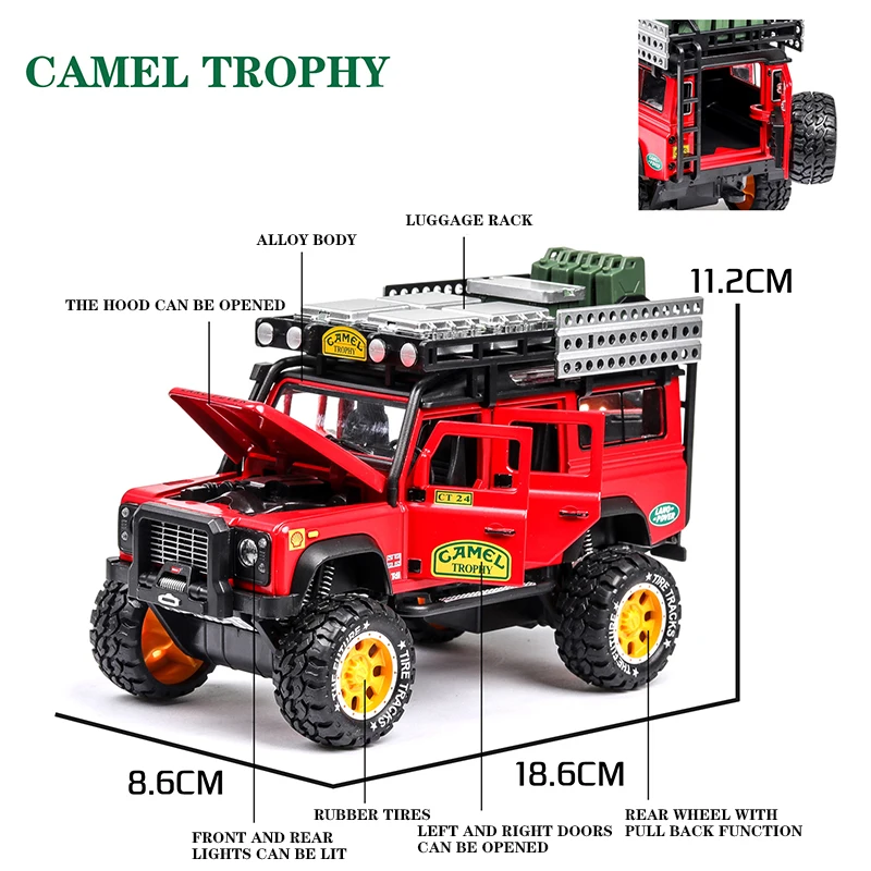 Kopen 1 28 Hoge Simitation Defender Camel Trophy Legering Model Auto Diecasts   Toy Vehicles Met Sound   Light Auto Speelgoed Voor kinderen Geschenken