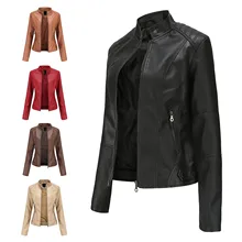 New Ladies Slim Faux Leather Jacket Stand-Up Collar Long Sleeve Overcoat Zipper Cardigan Short Coat abrigos mujer invierno 2021