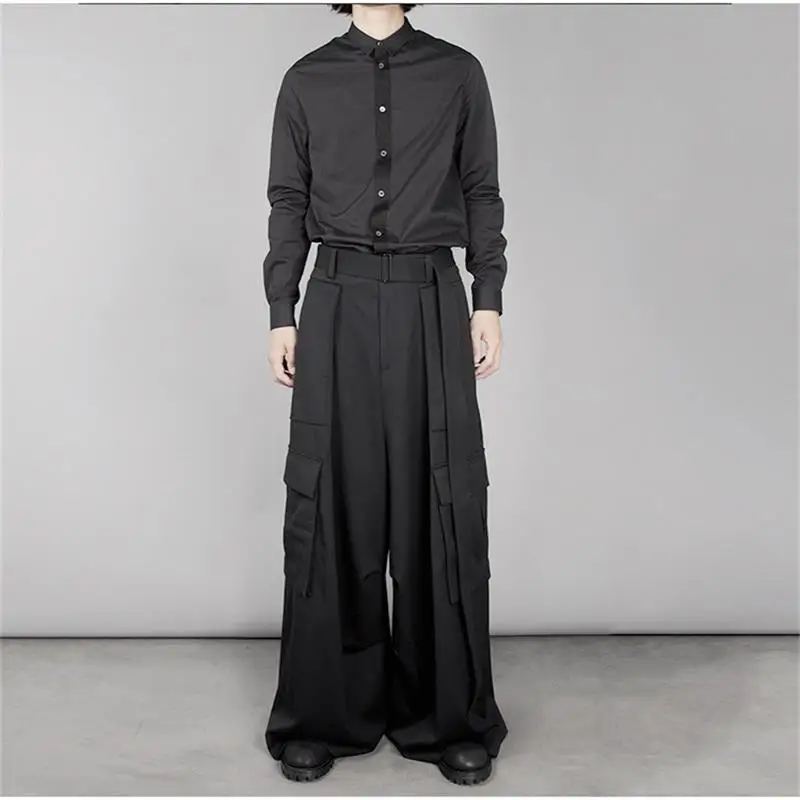 Men's new Japanese niche design singer stage style simple high-waist pants ultra long A-word bell bottoms wide leg pants
