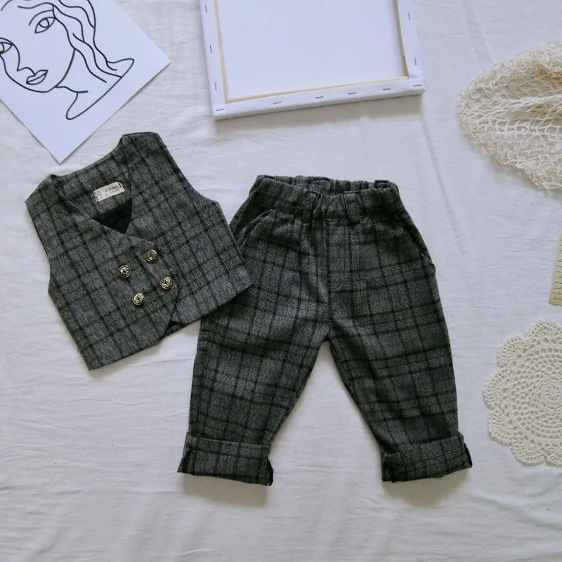 

2019 Autumn Clothing New Products Children Double Breasted Waistcoat Casual Pants BOY'S England-Style Two-Piece Set Girls Plaid