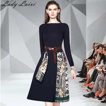 

2019 Autumn Winter Vintage Bow knitting Patchwork Printing Pleated Dress Women Long Sleeve Knitted dress Office Midi Dress