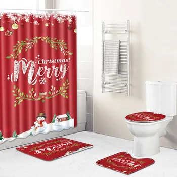 

Christmas Shower Curtain Mat Combination Four-Piece Set Bathroom Toilet Carpet Shower Room Mat Mat Cross-Border Hair