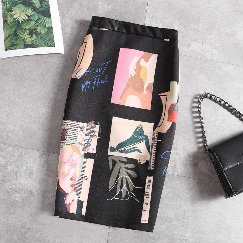 Юбка средней длины с принтом, облегающая бедра, средней длины, Новая Винтажная черная юбка с высокой талией для отдыха, зима