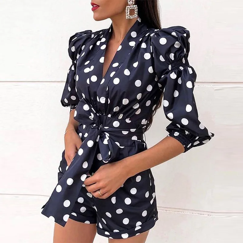 

Women Puffed Sleeve Dot Print Knotted Rompers Ladies Casual Summer Autumn Playsuits