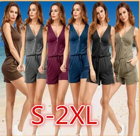 Women Straps Romper Solid Color Causal V-Neck Short Rompers Summer Sleeveless Loose Jumpsuit For Lady NEW