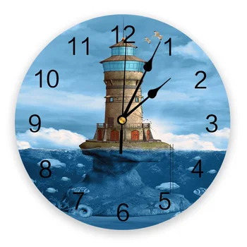 

Circular Wall Clock Sea Blue Lighthouse Coral Fish Wall Clock Home Decor Bedroom Silent Oclock Watch Wall for Living Room