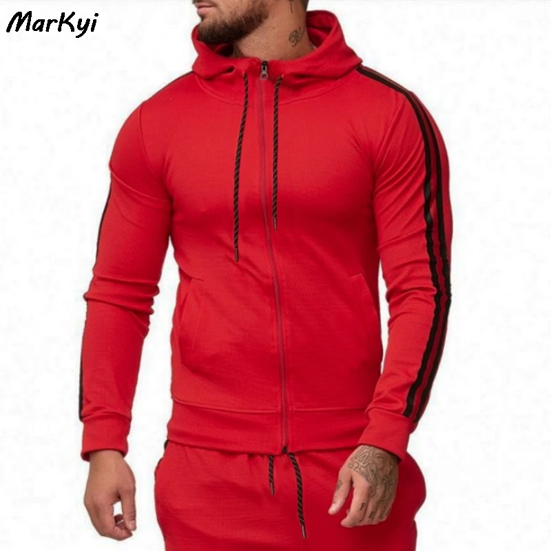 

MarKyi eu size 2xl 2019 autumn fashion striped hooded hoodies men zipper tracksuit men casual style sweatshirt