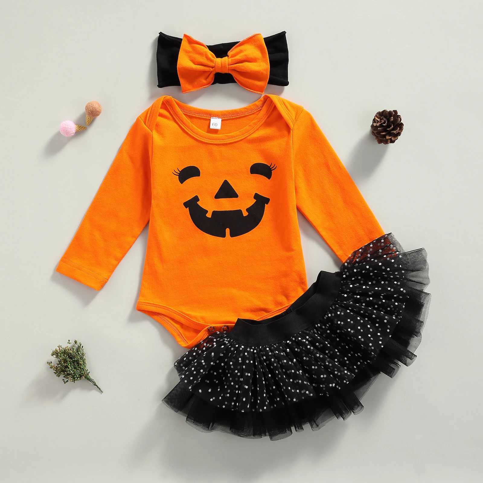 Baby Girls Halloween 3pcs Outfits Long Sleeve Pumpkin Smile Face Romper