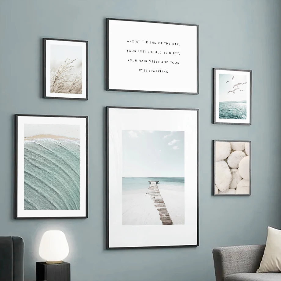 

White Stone Bridge Reed Blue Sea Canvas Painting Nordic Posters and Prints Canvas Wall Art Pictures for Living Room Decor Design