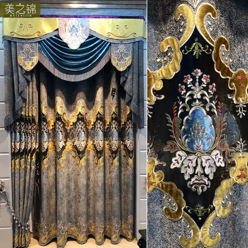 

European Living Room Embroidery French Curtain Custom High Grade Chenille Semi-Shade Bedroom Curtain Screen