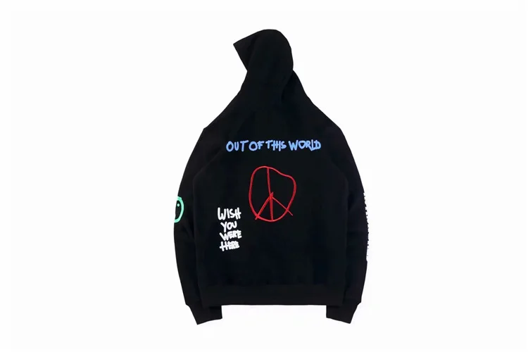 Трэвиса Скотта ASTROWORLD Высокое качество логотип мира улыбка Земля Вышивка Черная Толстовка с вышивкой Мужская Женская толстовка с капюшоном