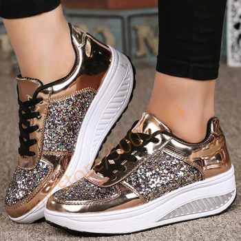 

Women 's Vulcanize Shoes Lace Up Wedges Platform Shoes Mixed Colors Lady Casual Sneakers Autumn Gold Tenis Feminino