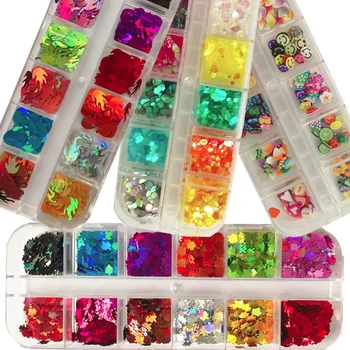 

12 Colors Acrylic Nail Art Glitter Sequins Holographic Fireflame Leaf Round Glitter Flakes Fimo Fruit Feather Charms Nail Decor