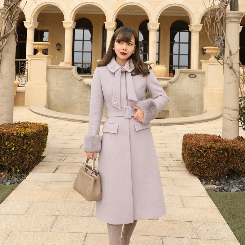 LYNETTE'S CHINOISERIE Autumn Winter Original Design Women Vintage Color Block Plaid Slim Fur Collar Woolen Coats Overcoats
