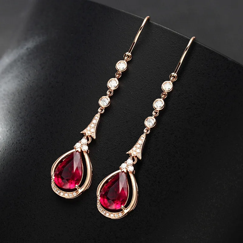 Pendientes de gota de rubí Natural de oro rosa de 18K para mujer, diseño atemporal, joyería fina de boda femenina delicada, pendientes de diamantes de lujo