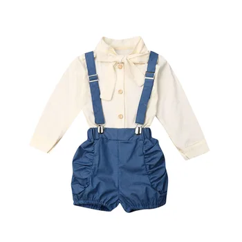 

2019 Toddler Infant Baby Girl Clothes Set Autumn Long Sleeve Bowknot Tie Tops Blouse Strap Bib Shorts Outfits Clothing 2PCs