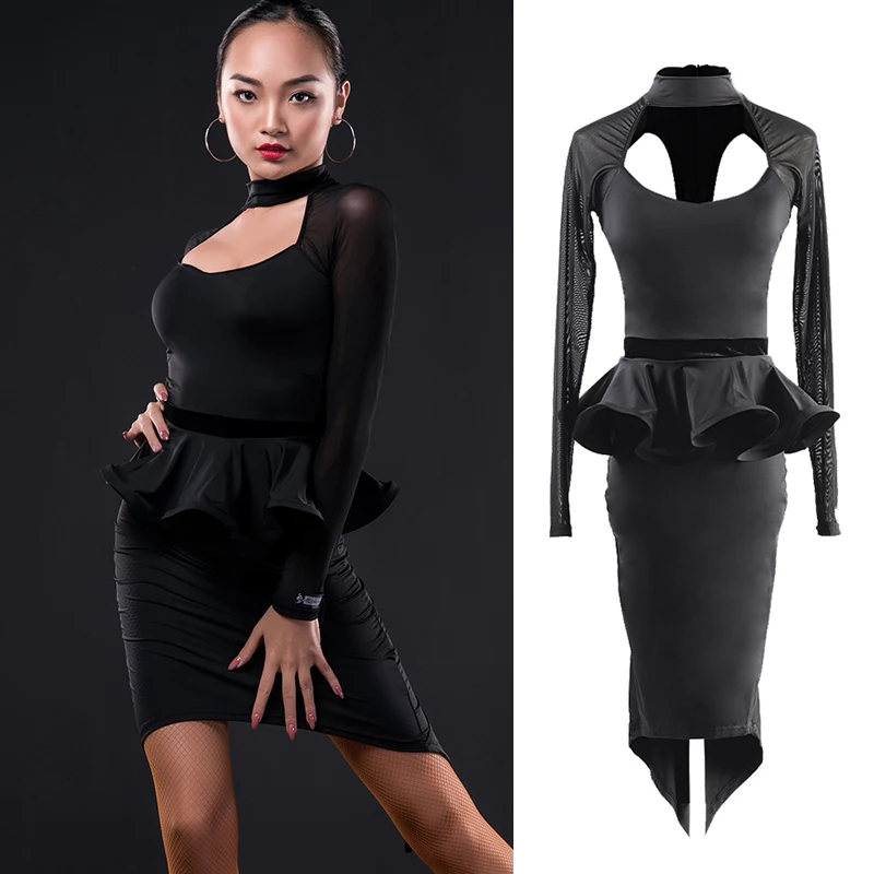 

Female Latin Dance Dress Sense Lotus Leaf Split Long Sleeve Practice Clothes Woman Ballroom Charleston Dresses Dancewear DWY2465