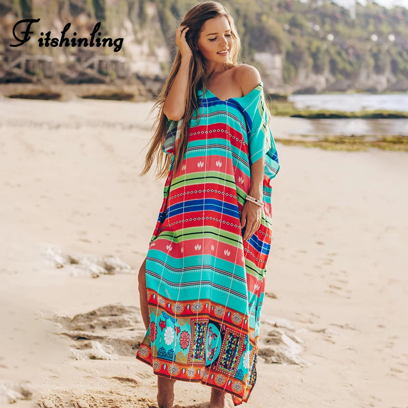 

Fitshinling Striped V Neck Beach Cover-Up Print Split Sexy Maxi Dress Women 2020 Green Holiday Summer Pareos Boho Outing Sale