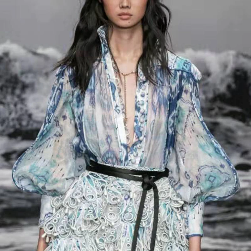 

Elegant Print Women's Shirts Lantern Long Sleeve Stand Collar Oversized Female Shirt Fashion Autumn New 45