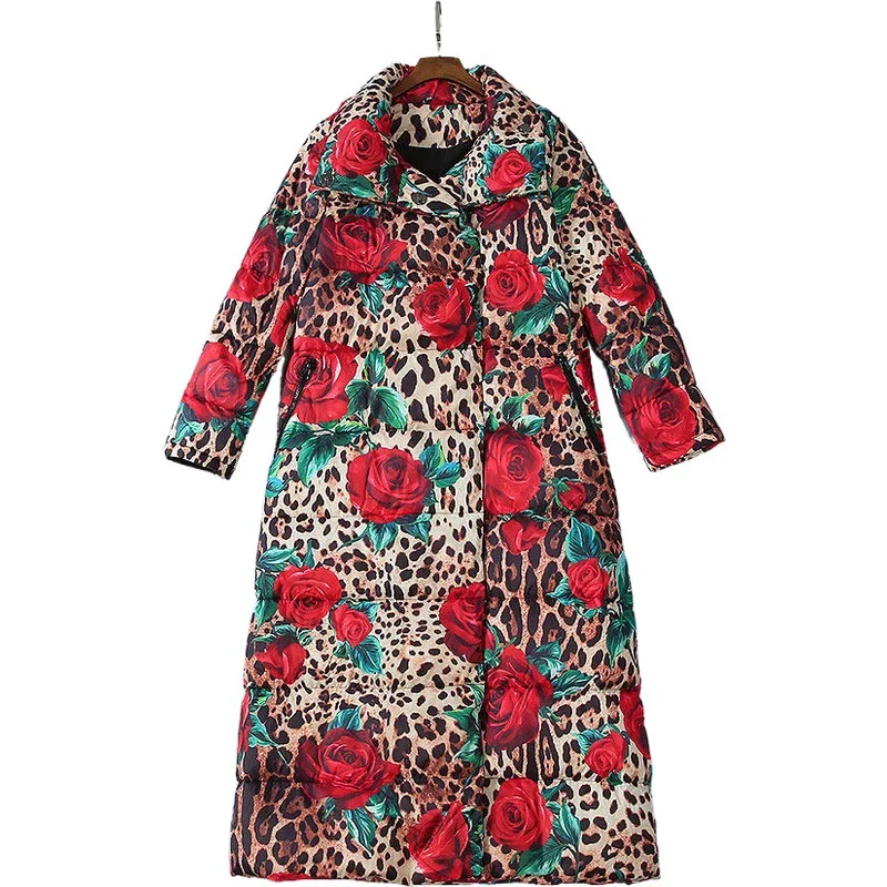 

High Quality Winter Coat 2019 New women's Rose Leopard Printed Thick Warm Straight Long Coat 190919LU03