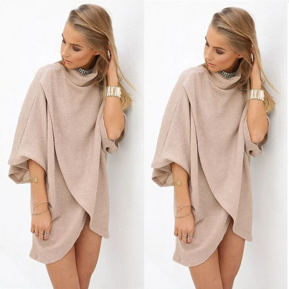

Europe And America Autumn And Winter High Collar Bell Sleeve Irregular Slit Dress