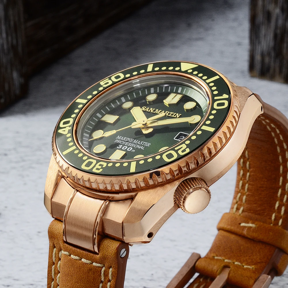 San Martin Diver Watch CuSn8 Bronze MM300 PT5000 Automatic Men Mechanical Watches Leather 300m Water Resistant Luminous Relojes