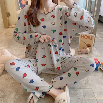 

Pajamas Women Spring and Autumn Thin Long-Sleeved Cotton Loose Leisure Tops Two Piece Suit Autumn and Winter Multi-Color Heart