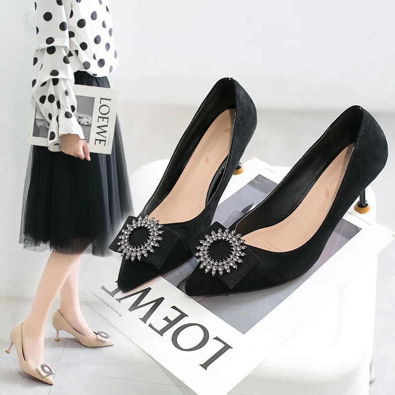 

High Heel Shoes Women's 2019 Autumn New Style Pointed-Toe round Buckle Thin Heeled Version Sweet Shallow Mouth Single Shoes Wome