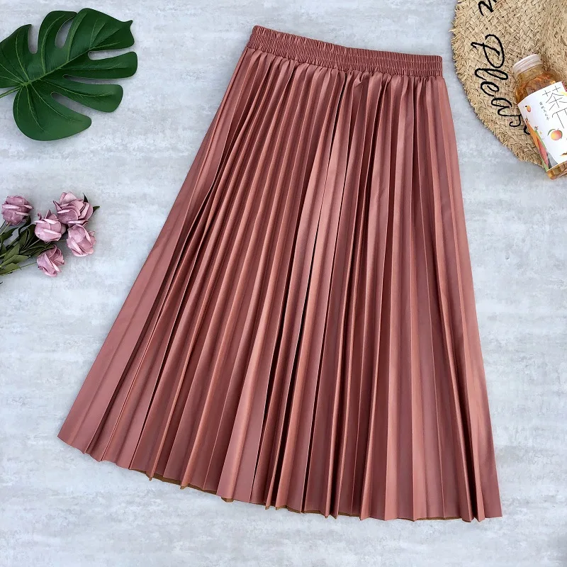 

2024 Autumn& Spring New Korean Women Simple High Waist Show Thin Solid Pu Pleated Fashion Casual Long Skirt Free Shipping