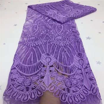 

African purple lace fabric 2020 high quality lace perforated design embroidery with sequins laces mesh fabrics for evening dress