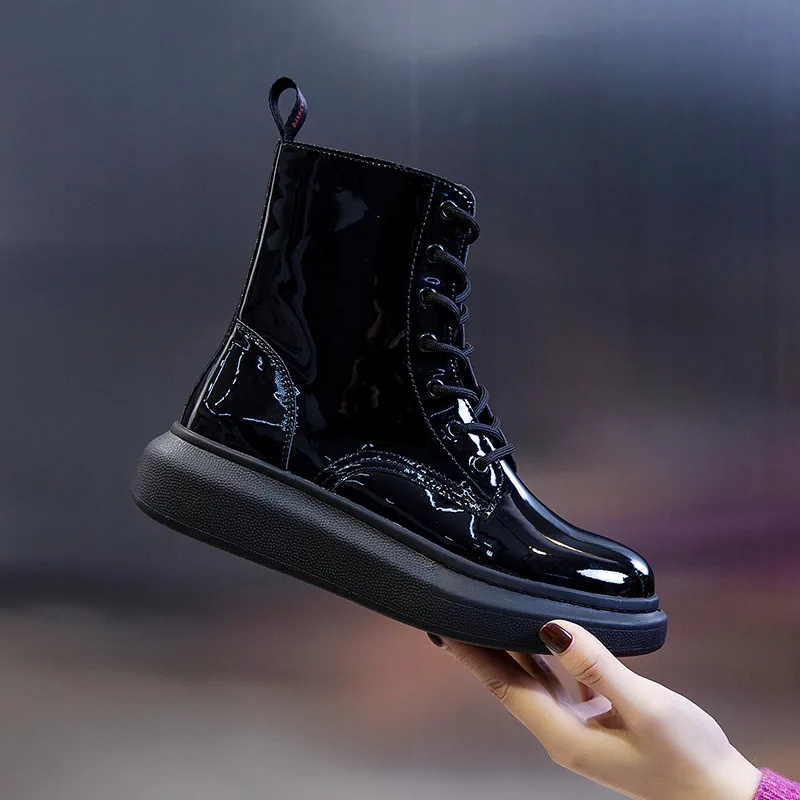

Autumn and Winter New High-top Women's Shoes Thick Black Wedge with Color Patent Leather Fashion Lace Comfortable Martin Boots