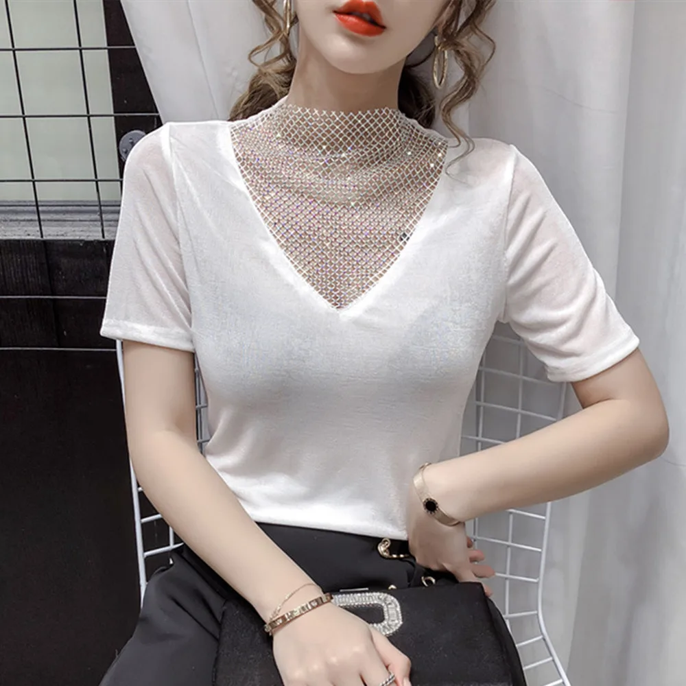 2020 Vintage New Women Diamond T Shirt Solid Color
