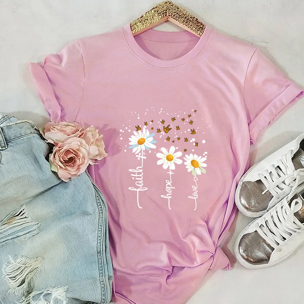 Camiseta de algodón 100% para mujer, camiseta de talla grande con estampado de margaritas, Top informal para mujer, jerséis de manga corta con cuello redondo, ropa para mujer