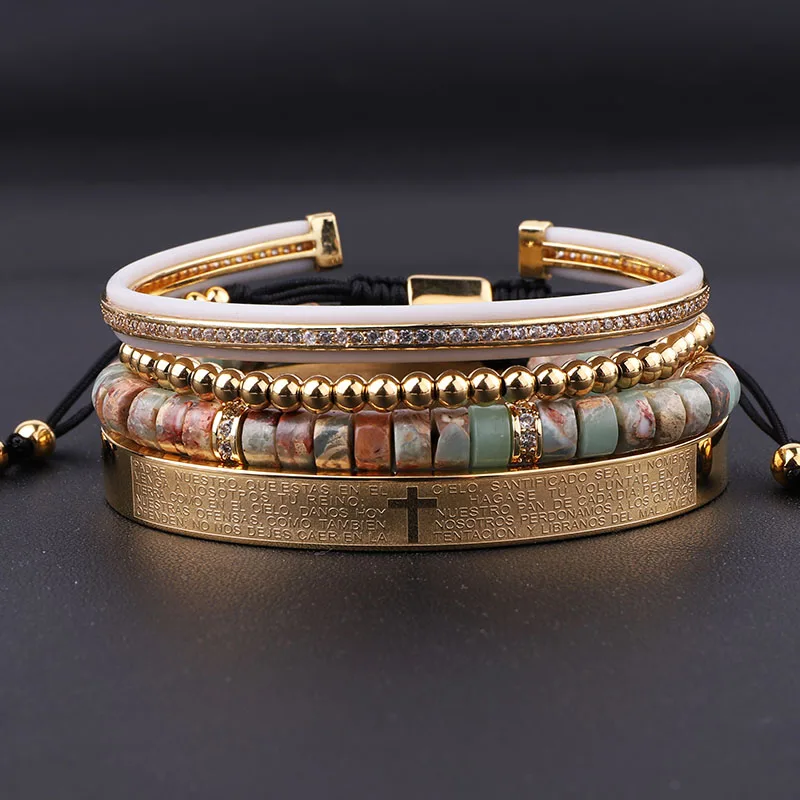 High Quality Luxury Cross Stainless Steel Bangle CZ Pave Charm Handmade Macrame Friendship Bracelet Set Men Jewelry Gift - Image 5