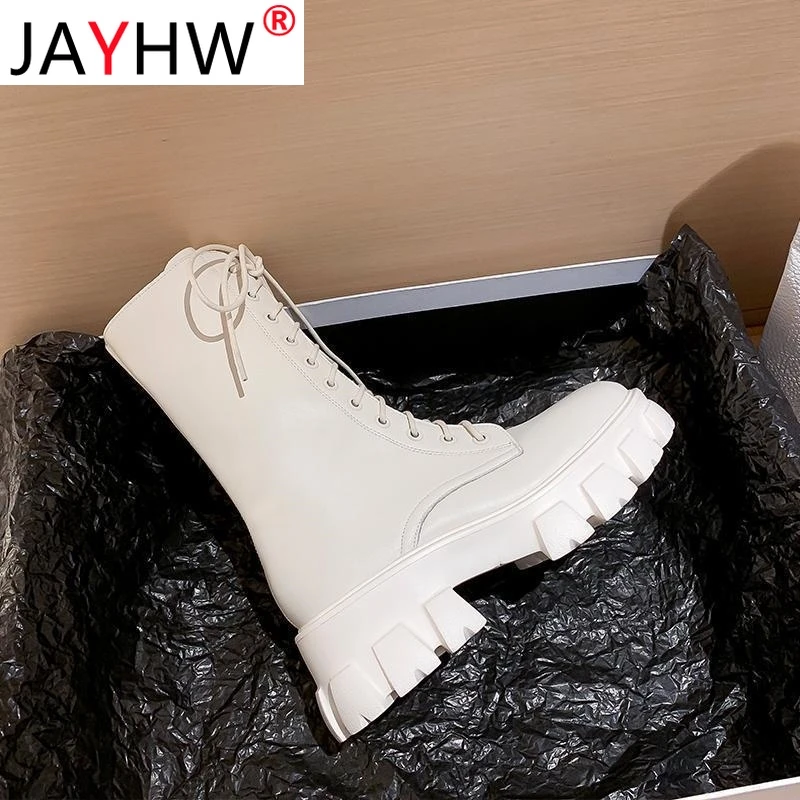 JAYHW Martin Boots Women Shoes Autumn Artificial Leather Round Toe Cross Lace-up Mid-calf Goth Boots Platform Botas Woman Mujer