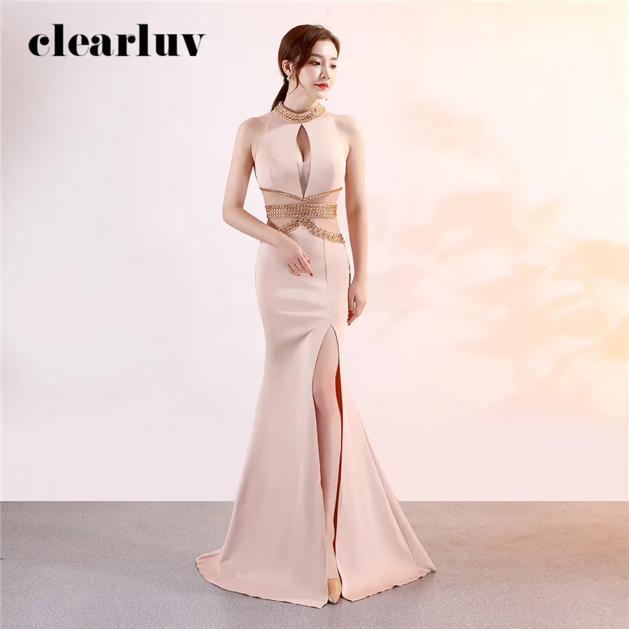 

Halter Prom Gown Champagne See-Through Evening Dress DX374-1 New Plus Size Long Formal Party Gowns 2020 Sexy Split Mermaid Dress