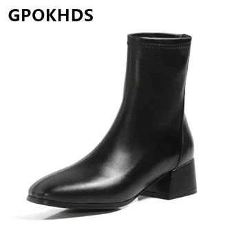 

GPOKHDS 2021 women Ankle boots Cow leather Winter short plush Square Toe Med heels female boots size 40