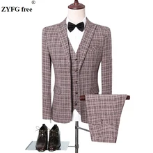 Grid color men smart casual 3-piece set suits sets Slim Fit Blazers+Pants+Vest wedding sets mens formal Coat+Trousers +Waistcoat
