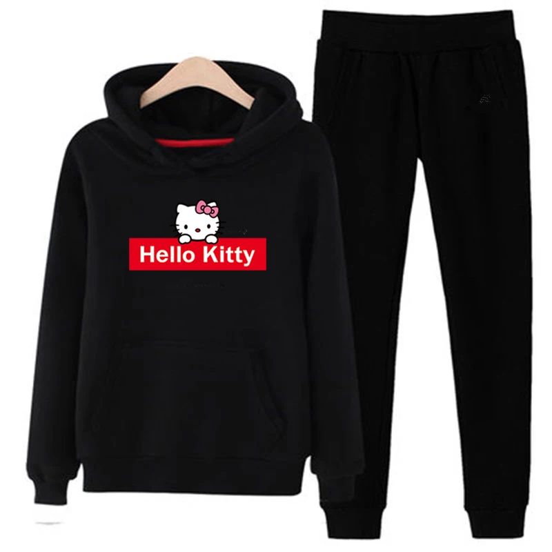 P79 hello-kitty 2 шт Женские повседневные спортивные толстовки с капюшоном костюмы толстовка+ спортивные штаны комплект теплая одежда спортивный Спортивный костюм для бега женский - Цвет: Black