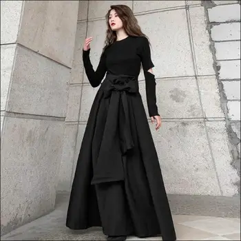 

2020 Women Spring Autumn New Street Style Black Bow Bandage Pleated Skirt Casual Temperament Retro High Waist Midi Skirt Fashion