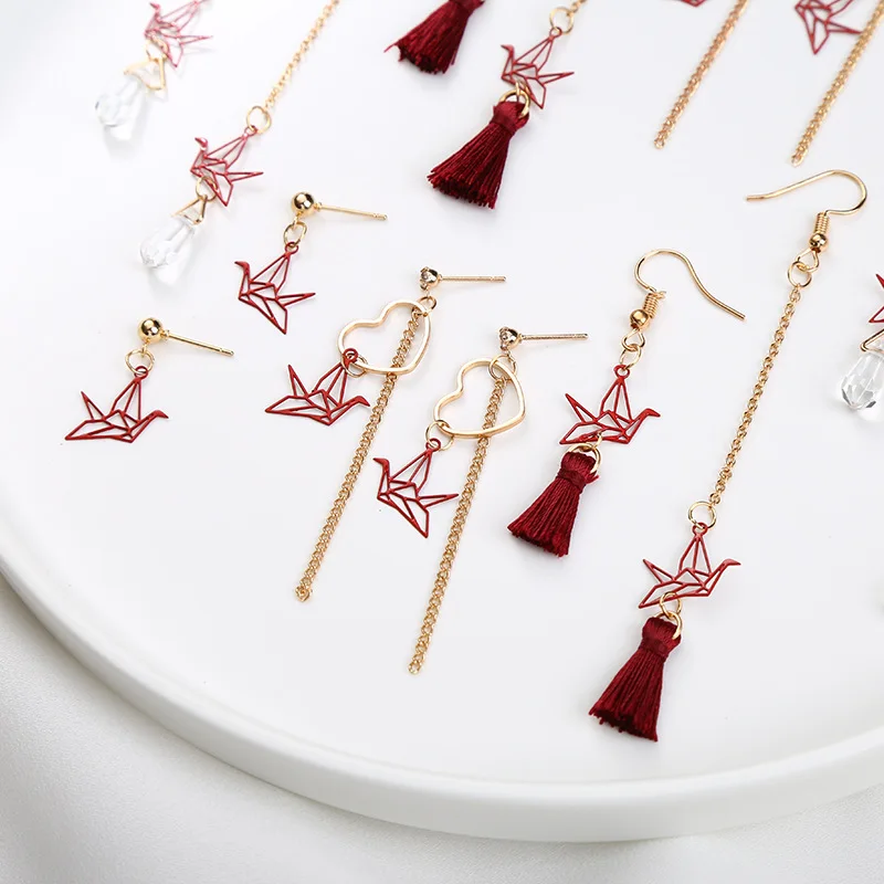 

Doreen Box Red Origami Crane Asymmetry Drop Earrings Girl Heart Sweet Fashion Jewelry Trendy Crystal Geometric Earrings,1 Pair