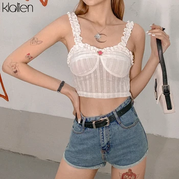 

KLALIEN summer white sweet elegant lace ruffles camisole women fashion high street sexy see through crop top clothes for women