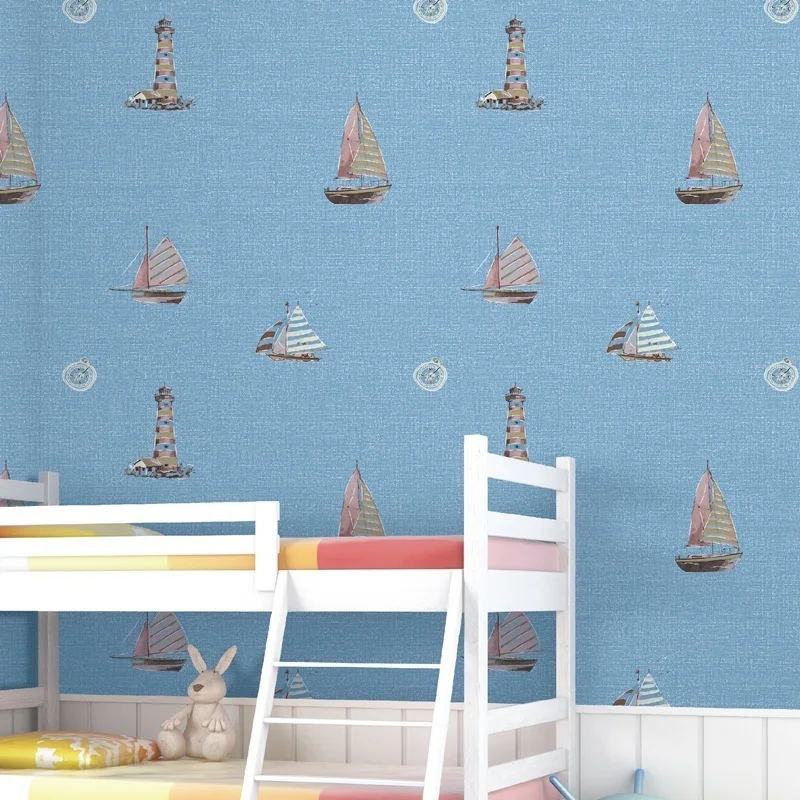 Sail Light Tower Mediterranean Boat Wallpaper For Kids Room Children's Bedroom Wall Paper Roll Papel Mural Decoracao Para Casa 4pcs abs for chevrolet sail 2010 2014 inside door handle light cover frame sticker