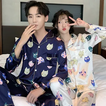 

Unisex Adult Couple Pajamas Summer Long-sleeved 2 Pieces Ice Silk Female Cartoon Pajamas Set Long Sleeve Men Home Service Suit
