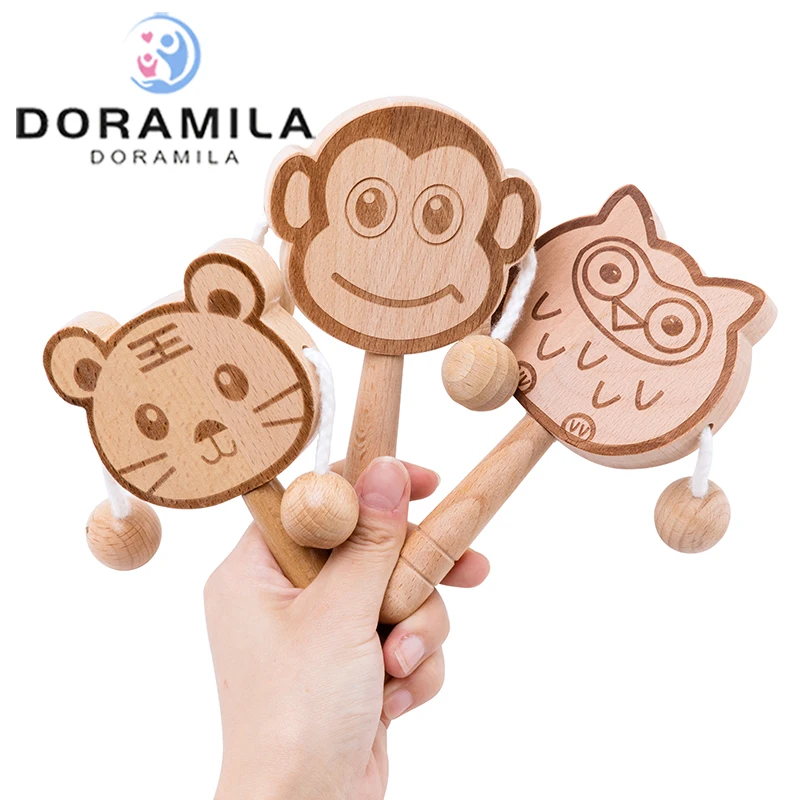 

1PC Wooden Teether Pet Rodent Cat Monkey Animal Musical Printing PVC Free Food Grade Tiny Rod Wood Baby Toys Rattles