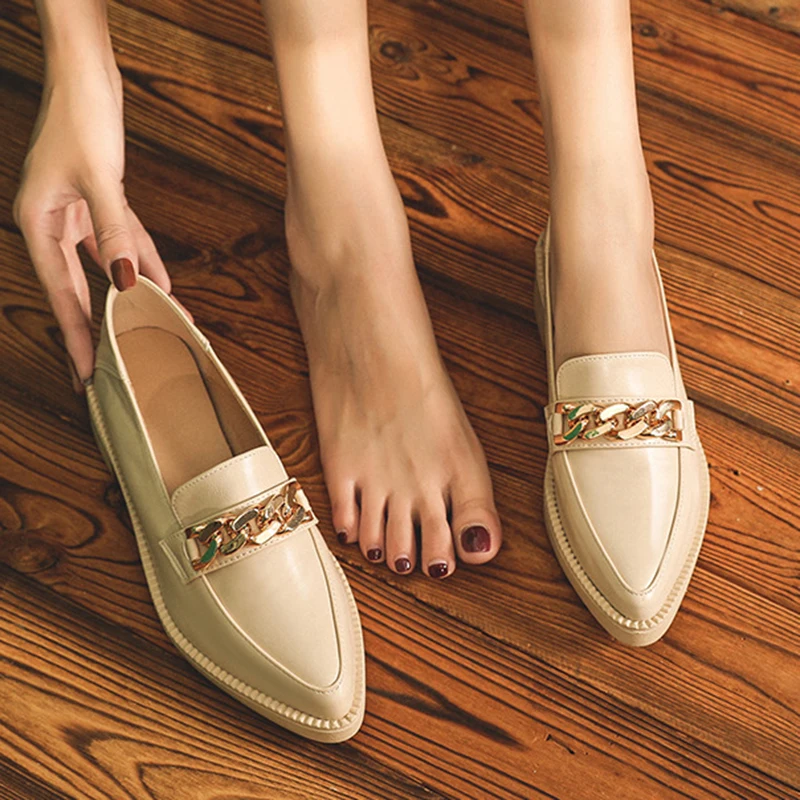 British Metal chain pointed toe oxford shoes women flats thick heels loafers preppy girls small leather shoes woman bullock women oxford shoes