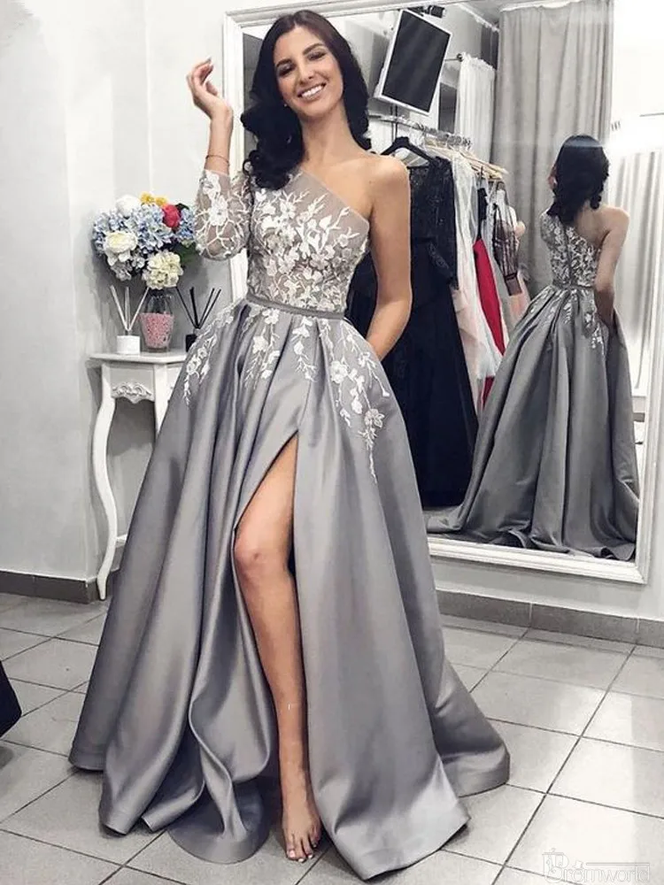 Robe de Soiree формальный пояс с высокой стороны Сплит серый атласное вечернее платье белое кружевное вечернее платье с карманами одно плечо с длинным рукавом