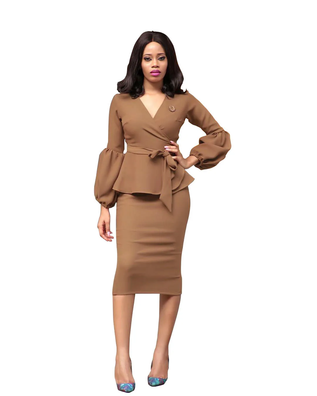 

Office Lady Autumn Winter Pencil Dresses V Neck Long Lantern Sleeve Brown with Waist Belt Mid-Calf Work Wear 2019 New Fashion