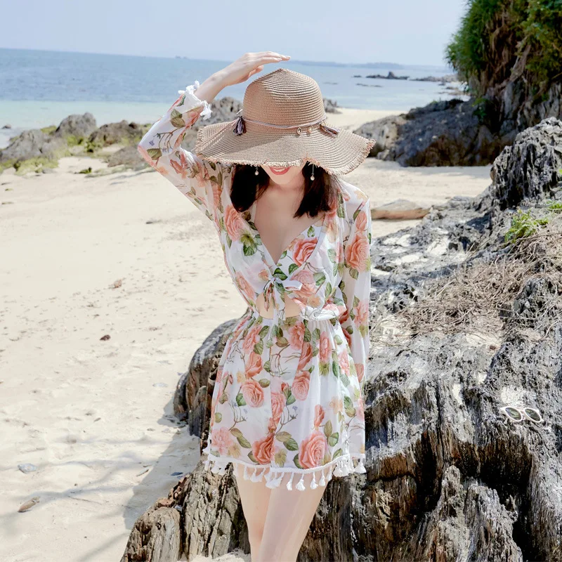 

Swimming Suit Women's Belly Covering Slimming Sexy Bikini Three-piece Set Fairy Style INS Ventilation Network Red Long Sleeve 20