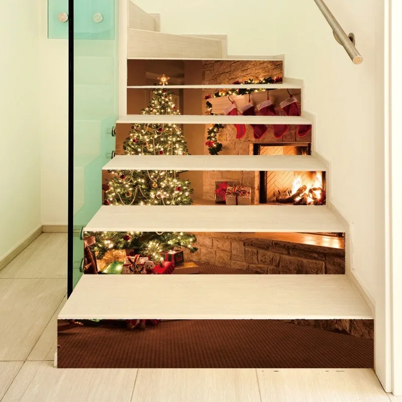 

6Pieces/set Dropship Christmas Tree Fireplace Christmas 3D Simulation Staircase Paste Steps Decorative Wall Paste Home